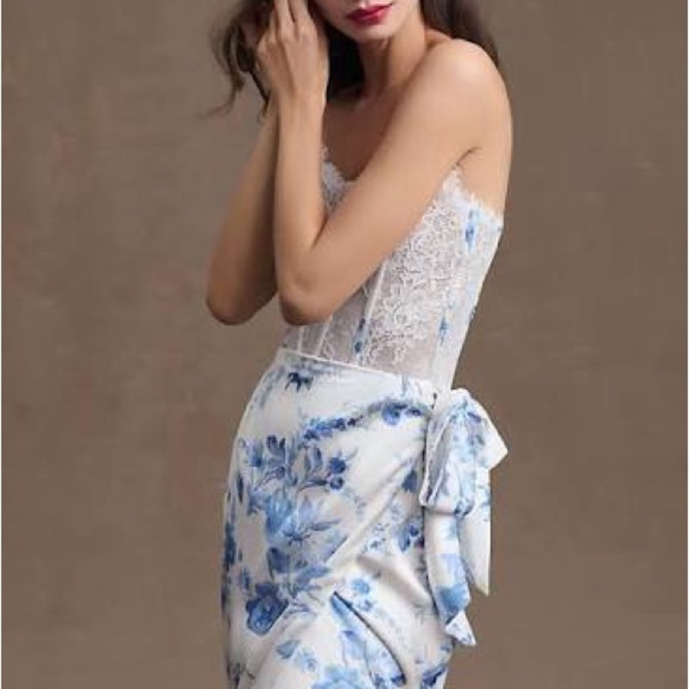 V. Chapman White and Blue Strapless Lace Corset Floral Gown - Picture 2 of 4